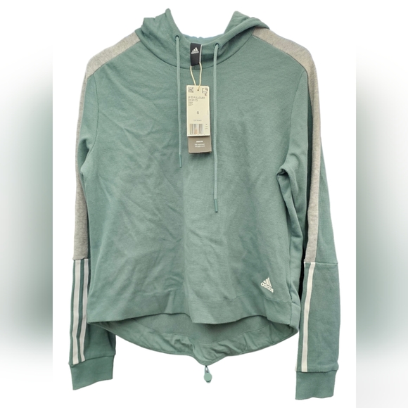 NWT Adidas Women’s Teal Blue Grey Striped Cropped Hoodie - Picture 1 of 2